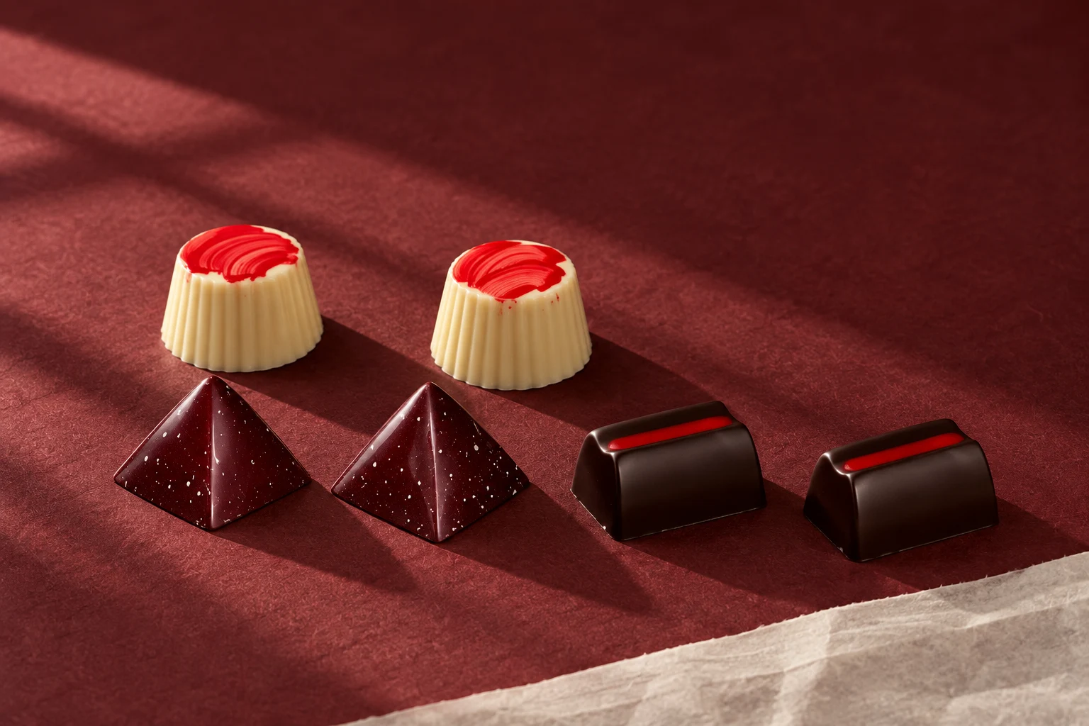 Six CMV-inspired confections composed on dark oxblood paper