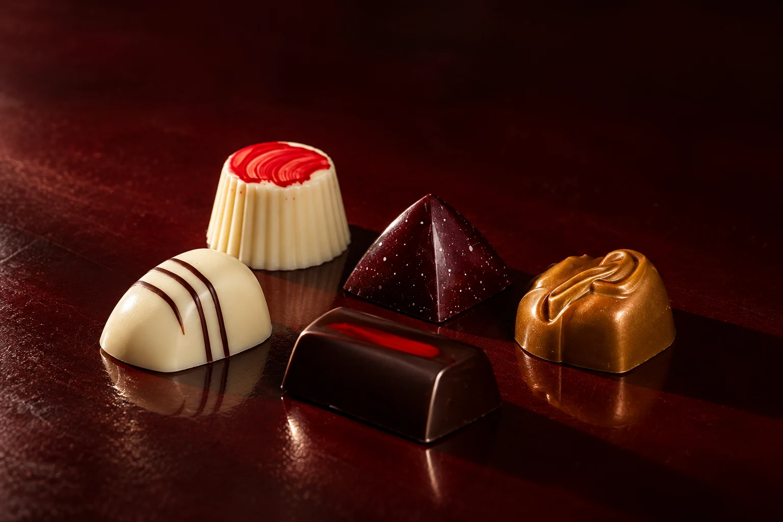 Editorial composition of CMV-inspired pralines on an oxblood surface