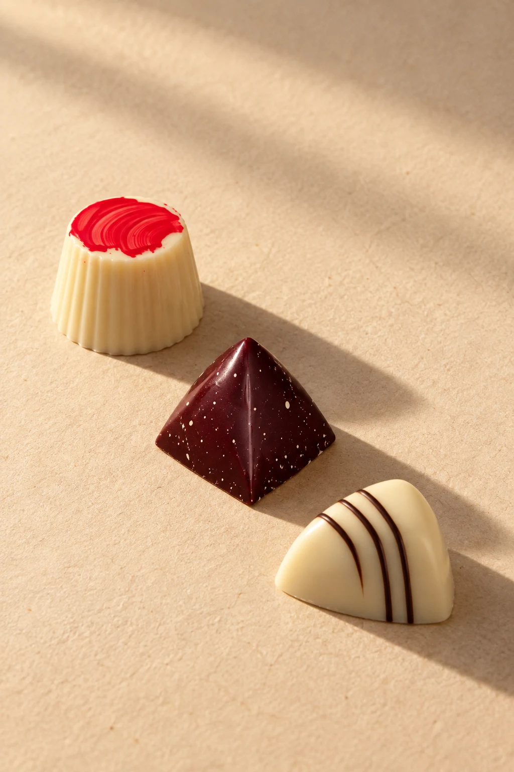 Three sculptural pralines against warm paper, an AI-staged editorial composition